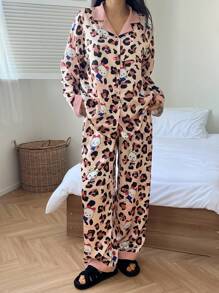 DAZY 豹纹拼色复古风格女式睡衣套装 - 粉色 - 查看 1