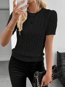 SHEIN LUNE Fashionable Blogger-Inspired 3D Twist Decor Round Neck Knitted Sweater, Versatile Autumn/Winter - Black - View 4