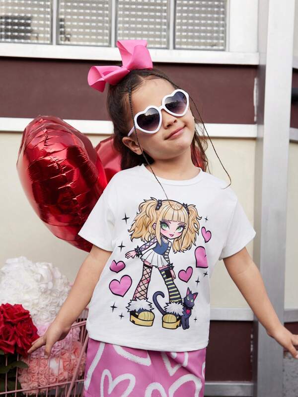 Young Girl Crew Neck Short Sleeve Character Print Casual Top, Everyday Wear