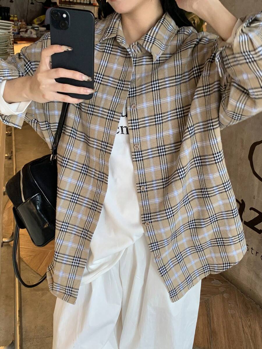 DAZY Autumn New Casual Plaid Long Sleeve Women Shirt,Flannels Women,Fall Women Clothes - Brown - View 1