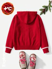 SHEIN 都市休闲风格女孩开衫毛衣，熊刺绣连帽长袖，适合秋冬季户外、学校、派对等场合 - 紅色 - 查看 2