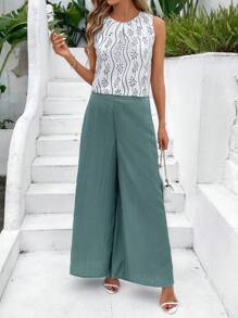 SHEIN Clasi Bộ 2 chiếc áo cánh không tay rộng rãi họa tiết hình học thanh lịch dành cho nữ và quần dài Palazzo xanh rộng rãi, thoải mái và đa năng cho trang phục hàng ngày mùa xuân/hè - Nhiều màu - Xem 5