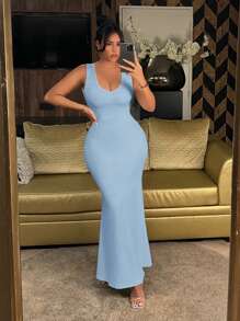 SHEIN SXY Váy mùa hè Váy lễ Phục sinh Váy mềm Váy dạ hội Váy dự tiệc màu trắng Váy đỏ Váy gợi cảm Váy đuôi cá xếp nếp hở lưng thanh lịch - Màu xanh nhạt - Xem 2