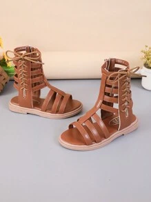 New Fashionable Minimalist Side Zip Children Roman Flat Sandals, Spring/Summer - Brown - View 3