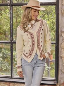 LanaWest Women's Front Button Long Sleeve Floral Embroidered Minimalist Casual Top, Daily Wear Fall Cloth For Women