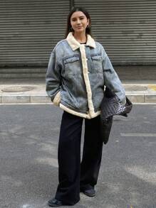 DAZY 女士休闲日常拼接流苏保暖牛仔外套，秋冬季，保暖内衬 - 中等水洗藍 - 查看 2