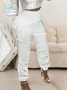 Zolique High Waist Work Pants With 3d Pockets And Elastic Cuffs Fall Cloth For Women - White - View 1