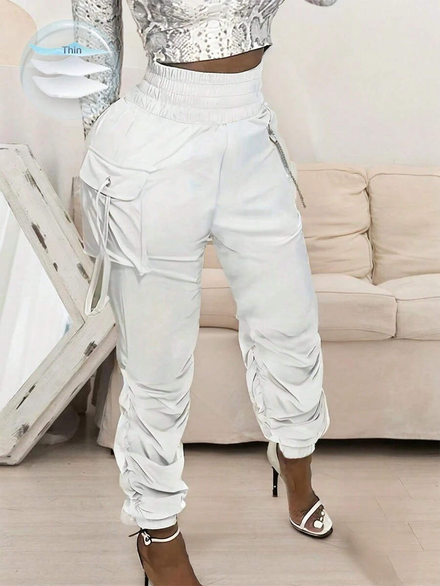 Zolique High Waist Work Pants With 3d Pockets And Elastic Cuffs Fall Cloth For Women - White - View 1