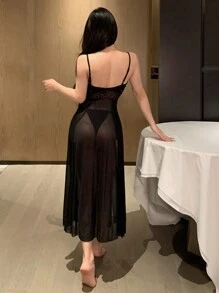 DAZY Cămașă de noapte neagră din plasă transparentă cu sclipici, cu fante înaltă, sexy