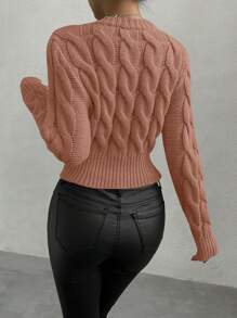 SHEIN Unity Casual Solid Color Cable Knit Crew Neck Sweater, Autumn/Winter Knit Pullover Fall Sweater - Dusty Pink - View 3