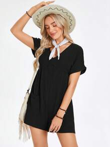 SHEIN LUNE Batwing Sleeve Pocket Patched Romper - Black - View 4