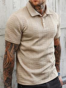 Manfinity Homme Men's Casual Solid Color Textured Jacquard Polo Shirt - Khaki - View 6