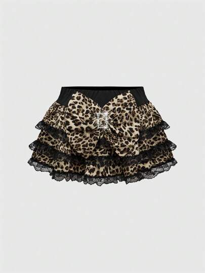 ROMWE J-Fashion Y2K Harajuku Gyaru Super Oversized rosett Spetskant Tiered Leopard Print Dam Mini Kjol