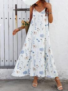 Breezaya Women's Loose Fit V-Neck Long Dress With Blue & White Floral Print, Comfortable For Vacation