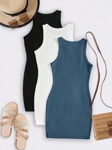 SHEIN 3pcs/Set Teen Girl Solid Color Knit Round Neck Sleeveless Fitted Casual Versatile Dress Set, School, Campus, College - Blue - View 2