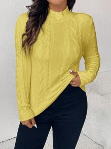 SHEIN Frenchy Plus Size Casual Cable Knit Texture Slim Fit Half Turtleneck Solid Color Pullover Sweater - Yellow - View 3