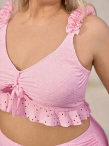 Swim Mod Plus Size Swimwear Set With Front Tie Strap And Ruffle, Special Fabric, Cute And Sweet For Girls Summer