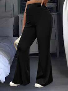 Flirla Women Plus Size High Waist Solid Color Bell-Bottomed Minimalist Trousers