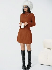 Vestido casual estilo Y2K para meninas adolescentes (feminino) de malha com gola alta e manga larga, pulôver, volta às aulas, outono/inverno 2024