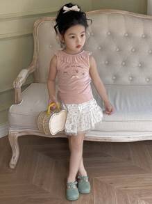 DAZY Young Girl Slogan Cartoon Print Ruffle Trim Round Neck Cute Tank Top,Girls Summer Outfits - Pink - View 2