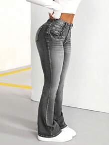 SHEIN PETITE 女式口袋喇叭休闲百搭牛仔裤 - 灰色 - 查看 2