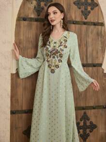 Al Najma Vestido de estilo árabe con cuello en V, mangas acampanadas con adornos y estilo fluido para mujer, vestidos árabes de primavera/verano, modestos