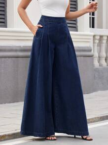 SHEIN Essnce 女士褶皱口袋宽松休闲牛仔裤，日常穿着 - 深色水洗藍 - 查看 4