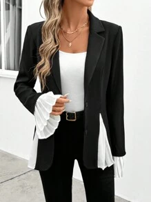 SHEIN Clasi Elegante winter dames zwart gesplitst wit geplooid, gesplitst trompet geplooide manchetten kostuumjas, geschikt voor feesten en andere gelegenheden