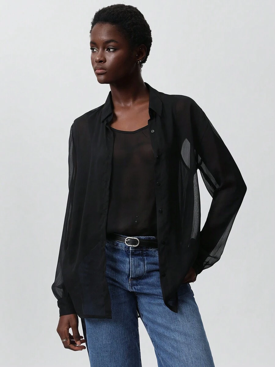 SHEIN Privé Women's Chiffon 2 In 1 Loose Blouse, Suitable For Spring And Valentine's Day Fall Cloth For Women - Black - View 1