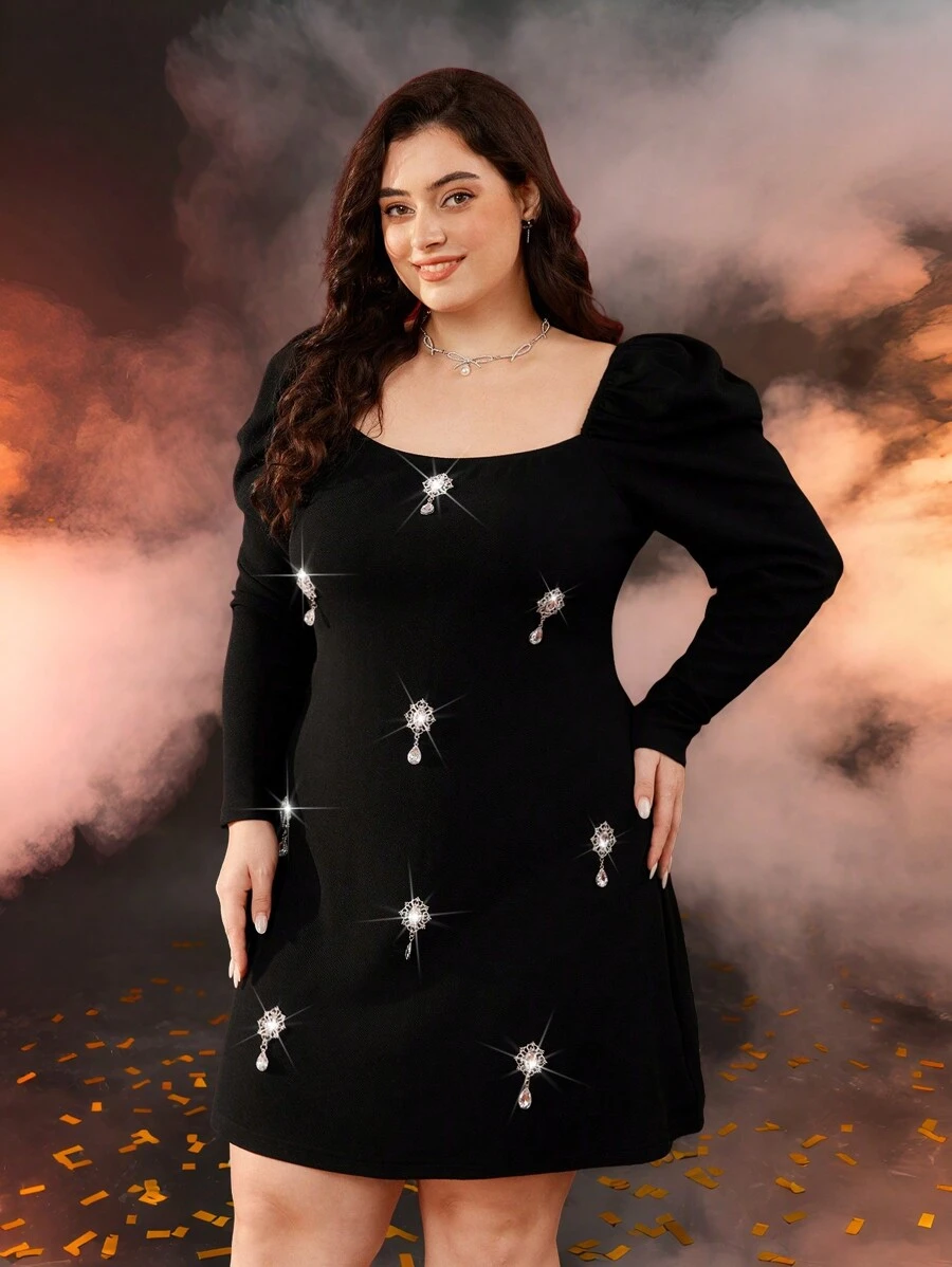 SHEIN MOD 加大码黑色优雅羊腿袖珍珠缀饰迷你连衣裙加大码冬季连衣裙黑色加大码连衣裙