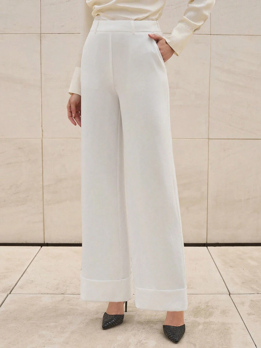 EURMUSE Women's Double Pocket Turnover Hem Pleated Design Straight Leg Casual Elegant Pants - Beige - View 1