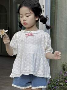 DAZY Young Girl Round Neck Short Sleeve Casual Shirt With Bow Decor,Girls Summer Outfits
