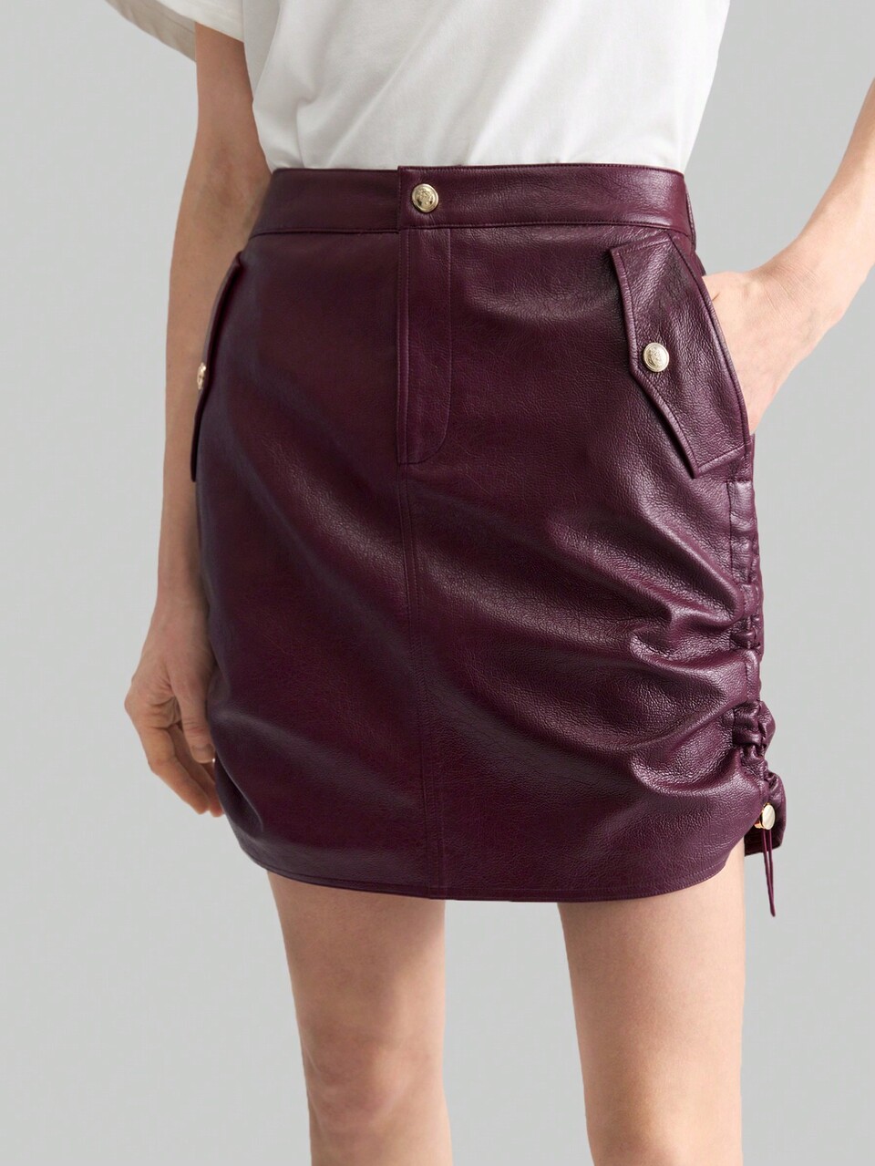 Women's 2025 New Solid Color PU Leather Side Drawstring Mini Skirt, Suitable For Valentine's Day And Spring