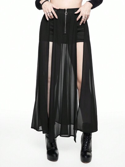 Goth Women's Sexy Ultra-Short Splice Chiffon & PU Leather Buckle Mini Skirt