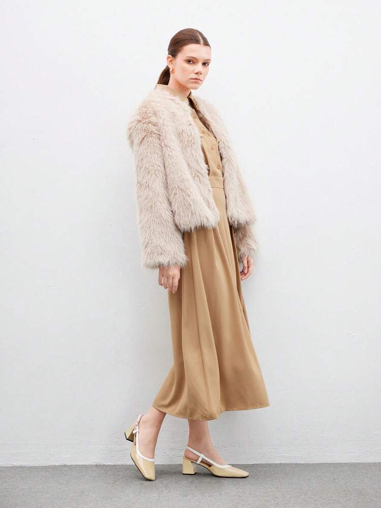 CUCCOO BIZCHIC Women's Square Toe Thick Heel Commuting Casual Beige & Brown Color Block Slip-On High Heels, Fashionable & Elegant, Suitable For Spring Casual Outfit Valentine's Day