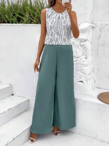 SHEIN Clasi Bộ 2 chiếc áo cánh không tay rộng rãi họa tiết hình học thanh lịch dành cho nữ và quần dài Palazzo xanh rộng rãi, thoải mái và đa năng cho trang phục hàng ngày mùa xuân/hè - Nhiều màu - Xem 4