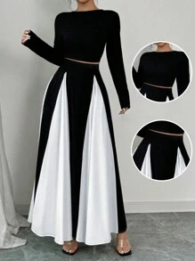 INAWLY Plus Size Elegant Solid Cropped Top And Contrasting Patchwork Skirt 2Pcs Set, Autumn Spring Clothes - Black - View 6