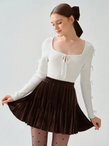 Enchnt Jupe mini mignonne à volants en velours marron pour femmes, romantique pour l'hiver/le printemps. Élégante et douce pour les fêtes de Noël, le Nouvel An, les anniversaires, les vacances, les sorties romantiques et les déplacements quotidiens - Marron - Voir 8