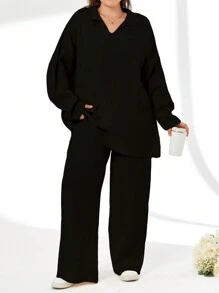 RueChic 2pcs/Set Solid Color Turn-Down Collar Sweater And Long Pants Outfit - Black - View 1