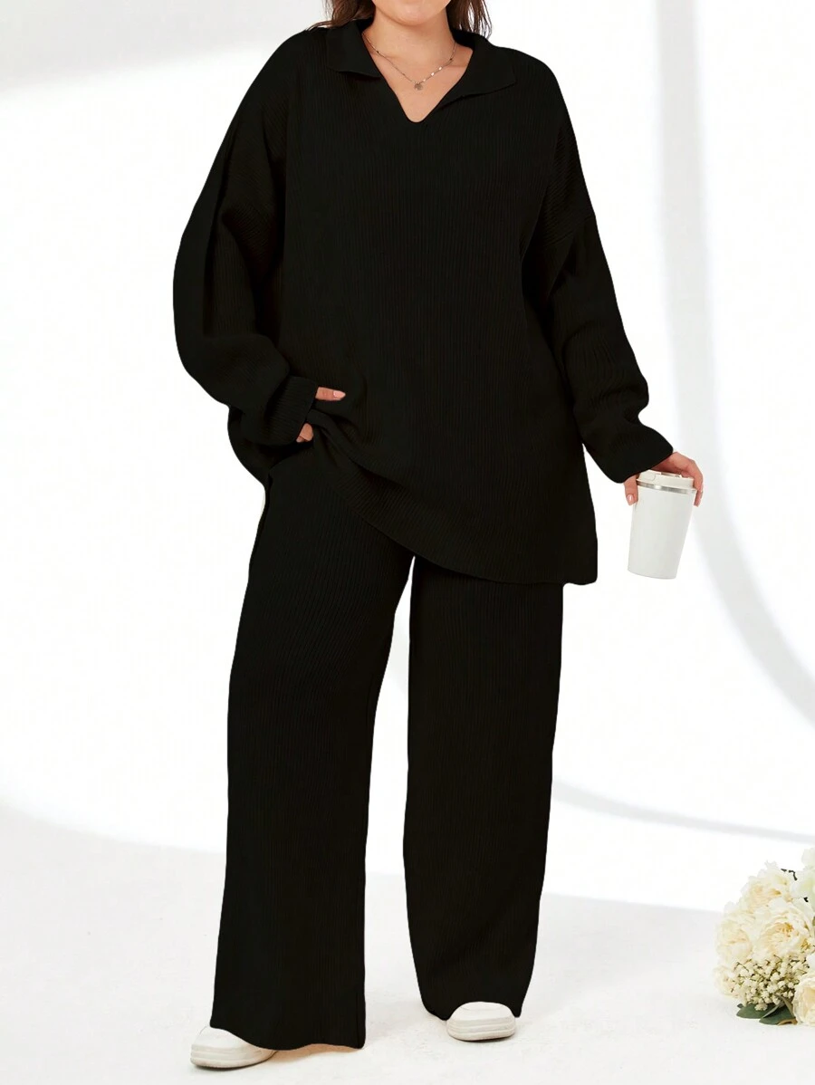 RueChic 2pcs/Set Solid Color Turn-Down Collar Sweater And Long Pants Outfit - Black - View 1