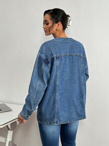 SHEIN Essnce Women's Front Button Long Sleeve Pocket Minimalist Casual Denim Jacket