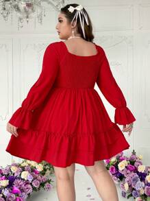 Lyrianda Plus Size Women's Square Neck Ruffle Long Sleeve Solid Red Romantic Princess Cute Waisted Mini Dress, Valentine's Day - Red - View 2