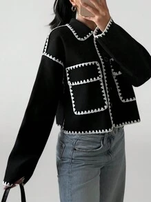 SHEIN PETITE Contrast Binding Cropped Overcoat For Autumn & Winter - Black - View 1