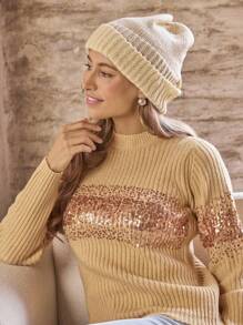 LanaWest Suéter de mujer con cuello redondo y parches de lentejuelas para otoño/invierno