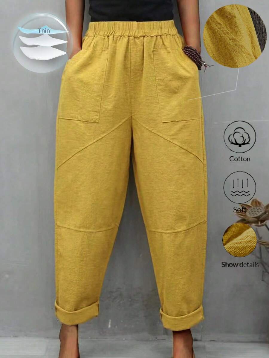 Zayélia Women Elastic Waist Solid Color Cone-Shaped Loose Casual Trousers With Pockets - Yellow - View 1