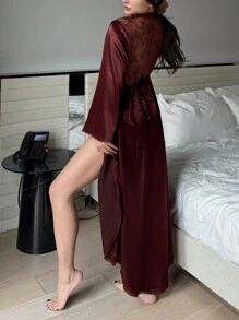 DAZY Satin Patchwork Semi-Sheer Lace Alluring Open Back Cinched Waist Robe Pajama - Burgundy - View 2