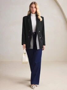 BizChic Blazer informal de mujer de doble capa con solapa a cuadros y parches, conjunto de ropa de mujer de otoño con aislamiento térmico