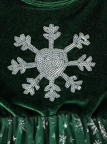 SHEIN Đầm lưới xếp ly thêu kim sa hình bông tuyết bằng vải nhung xanh thanh lịch cho bé gái, trang phục dự tiệc và sự kiện - Màu xanh lá cây đậm - Xem 6