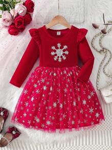 SHEIN 1 件年轻女孩优雅天鹅绒材质雪花串珠刺绣盖袖上衣带网眼裙、派对和宴会礼服 - 紅色 - 查看 1