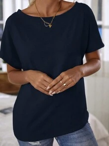 EMERY ROSE Damen Einfarbige Bluse mit schräg geschulterten kurzen Ärmeln, einfacher Lässig-Stil